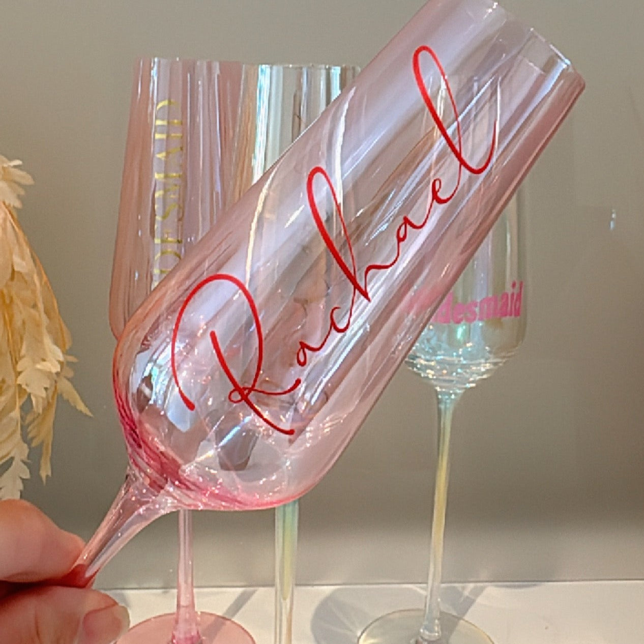 Personalised wine glass, pink champagne glass, toasting glass