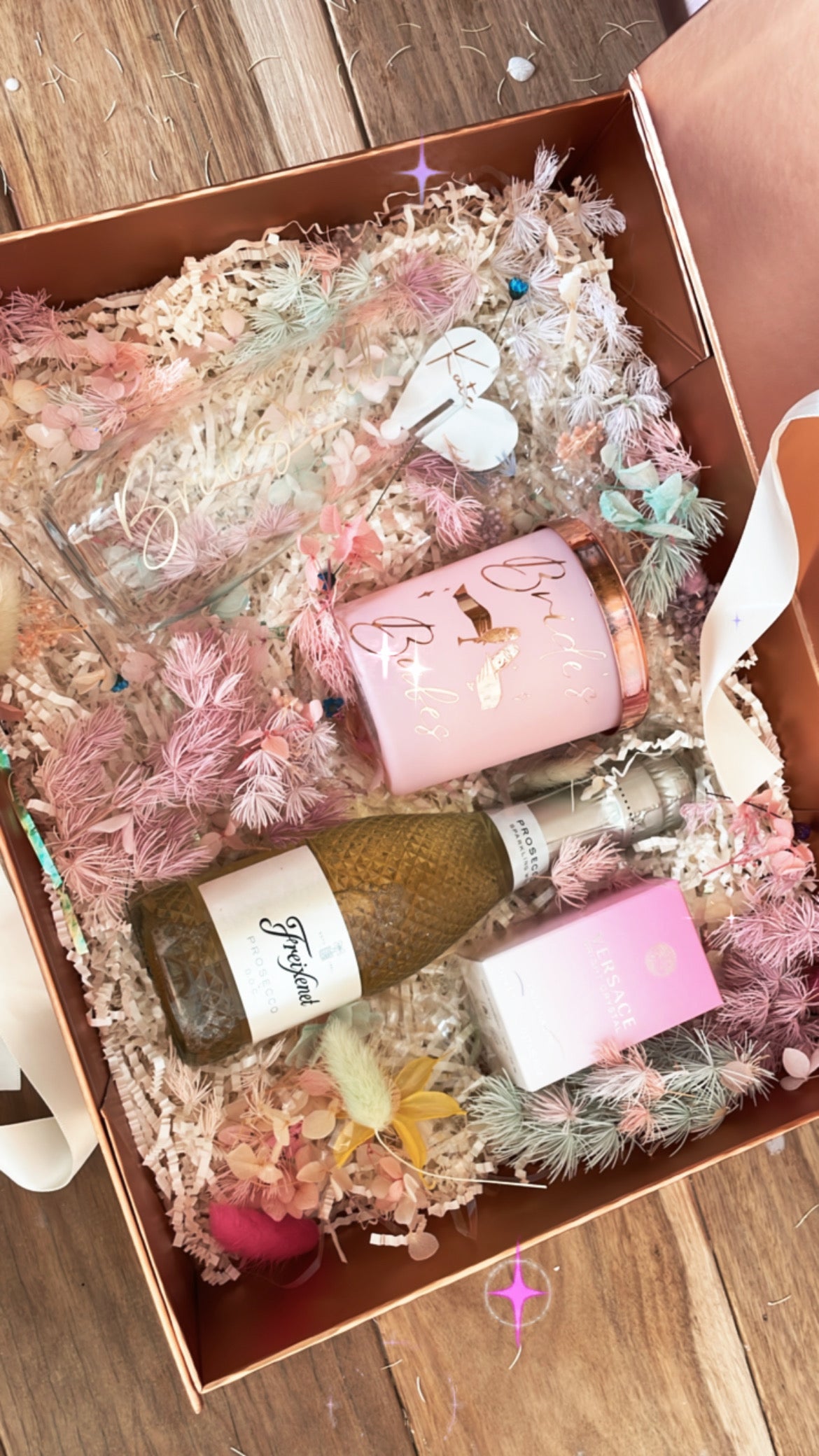 Custom BrideTribe Gift Box, includes Toasting Glass, Candle, mini bottle of your choice of alcohol and mini perfume bottle