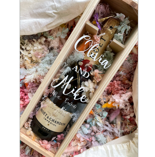 Send a special gift in style with this personalized champagne bottle box. The attractive wooden box features an engravable lid, perfect for adding custom messages and unique personalizations. Show off your special gift to the recipient with this beautiful and thoughtful presentation.